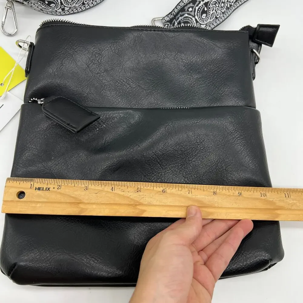 Ahdorned Double Zip Faux Leather Crossbody Black